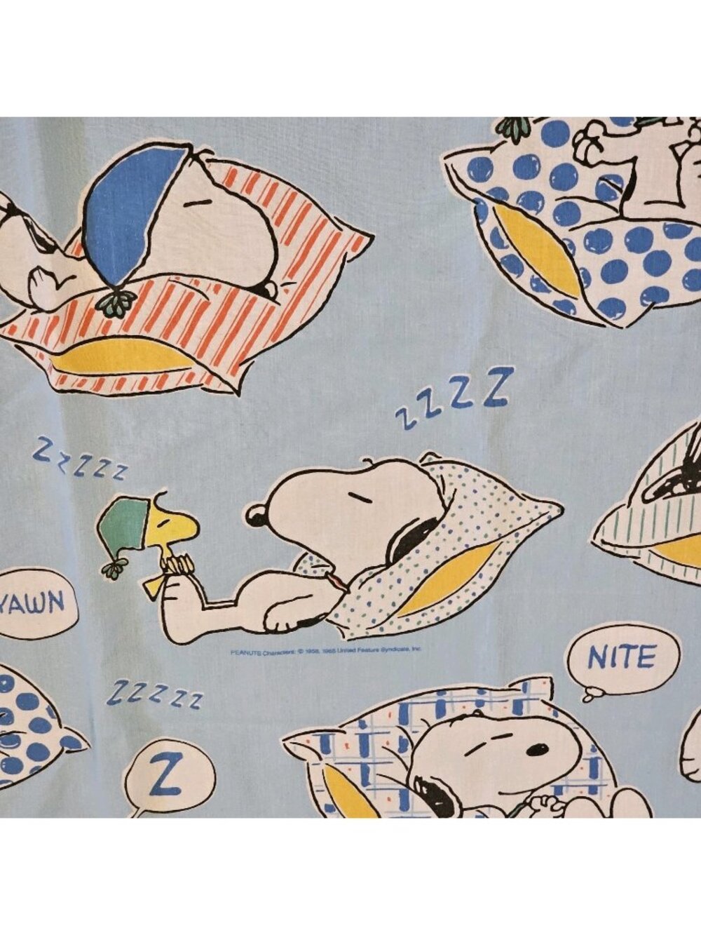VTG Peanuts Snoopy Sleeping Expressions Full Flat Bed Sheet Blue Bibb Co Fabric